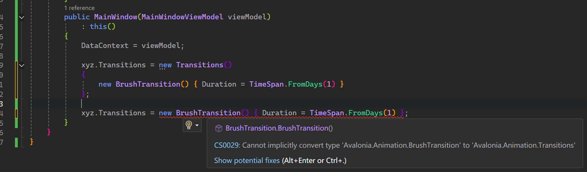 Cannot implicitly convert type 'Avalonia.Animation.BrushTransition' to 'Avalonia.Animation.Transitions'